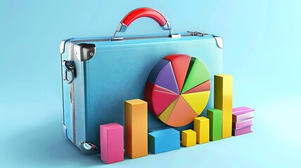 briefcase pie diagrams charts and colorful histogram poster with graphics for business on blue background