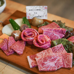 Raw beef. Shiraoi Wagyu is one of the signature food that tourists must try when visiting Hokkaido. Prepared raw beef for self service BBQ grilling.