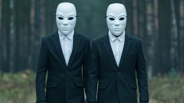 Here's a possible  and keyword list for your stock photo.. Identical masked men in suits, forest background.