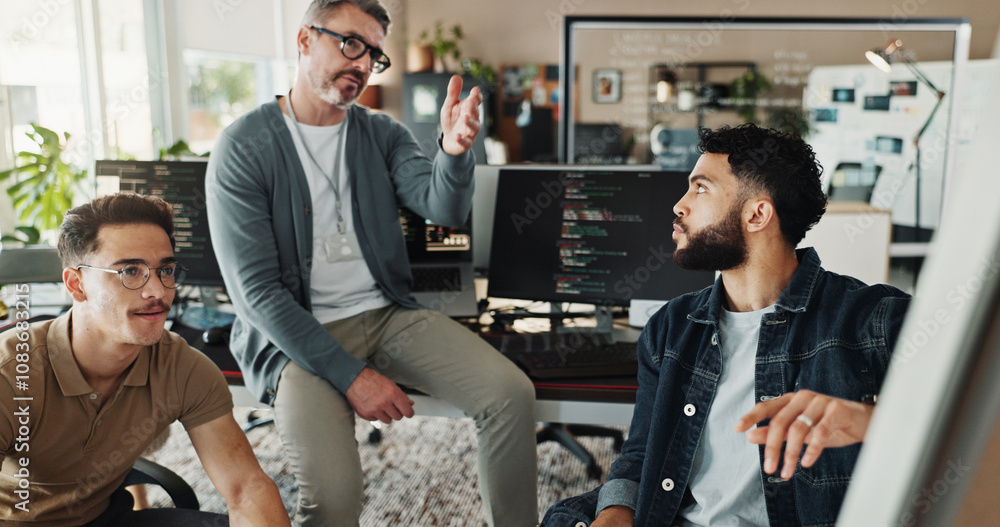 Aufkleber Programmer, mentor and presentation with business people in office for website developer, coding bootcamp and review. Planning, collaboration and software engineer with employees in tech startup
