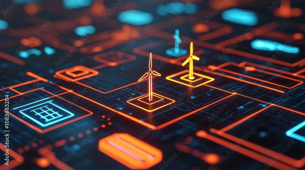 Poster a vibrant digital landscape featuring circuit-like patterns with symbols representing renewable ener