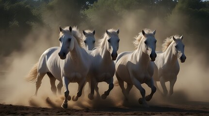 Obraz premium Camargue horses with guardian, Camargue, Southern France, Europe generated.ai