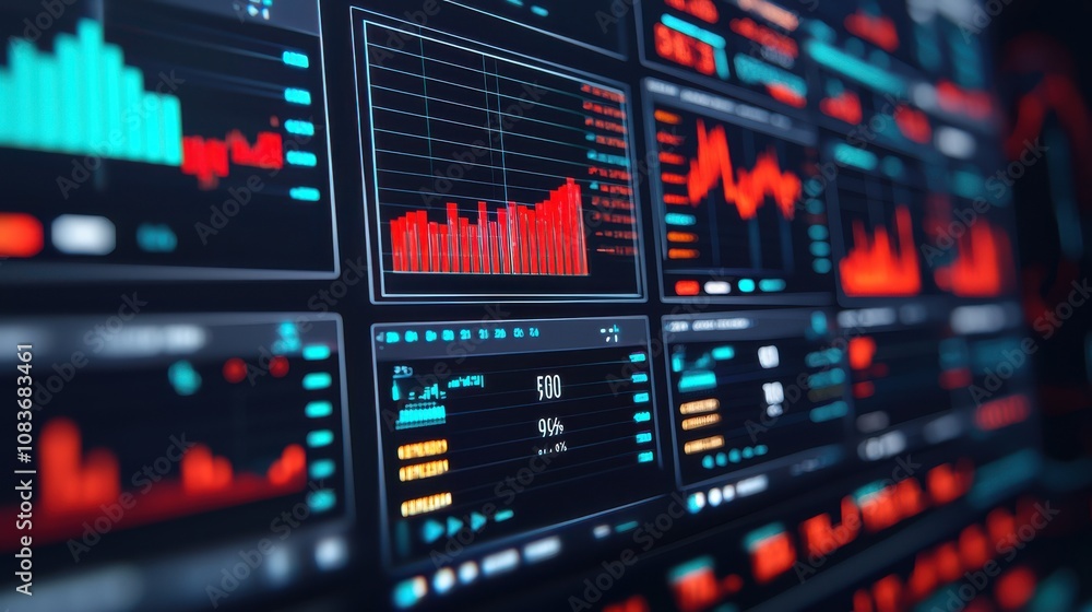 Poster a visually dynamic digital display showcasing various financial charts, indicators, and data visuali