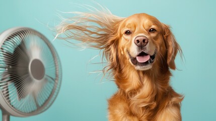 Global warming animals temperature concept. A golden retriever enjoys the breeze from a fan, with its fur playfully blowing in the wind against a mint green background.