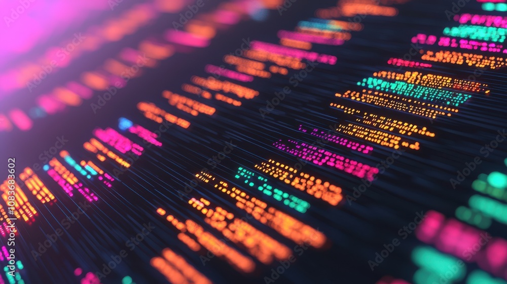 Poster a colorful display of lines resembling code, with vibrant neon hues on a dark background, suggesting