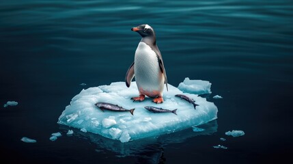 Fototapeta premium A penguin stands on an ice floe in the ocean, surrounded by fish, capturing a moment of wildlife in a cold environment.