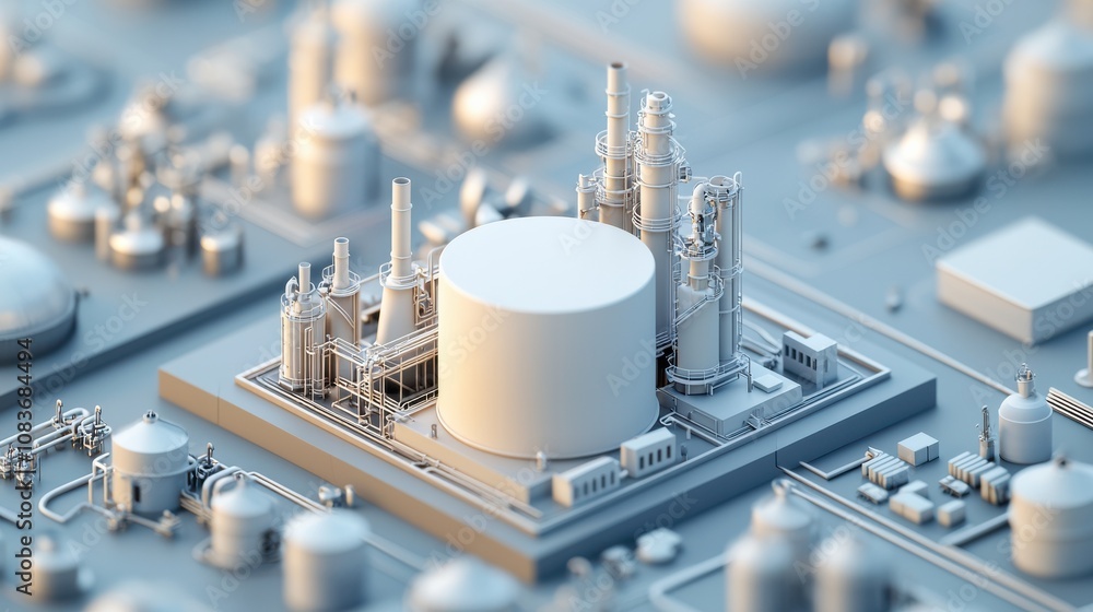 Poster a detailed industrial scene showcasing a scale model of a complex facility with interconnected struc