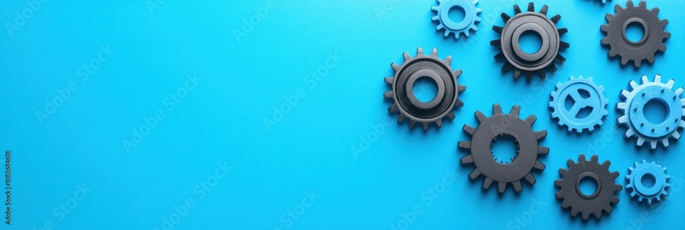 Leinwandbilder various gears and a microprocessor arranged on a vibrant blue surface, showcasing elements of engine