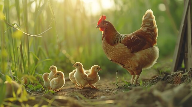 Chicken mother hen with cute brown coloured chicks foraging the ferret chickens look for paddy on ground countryside