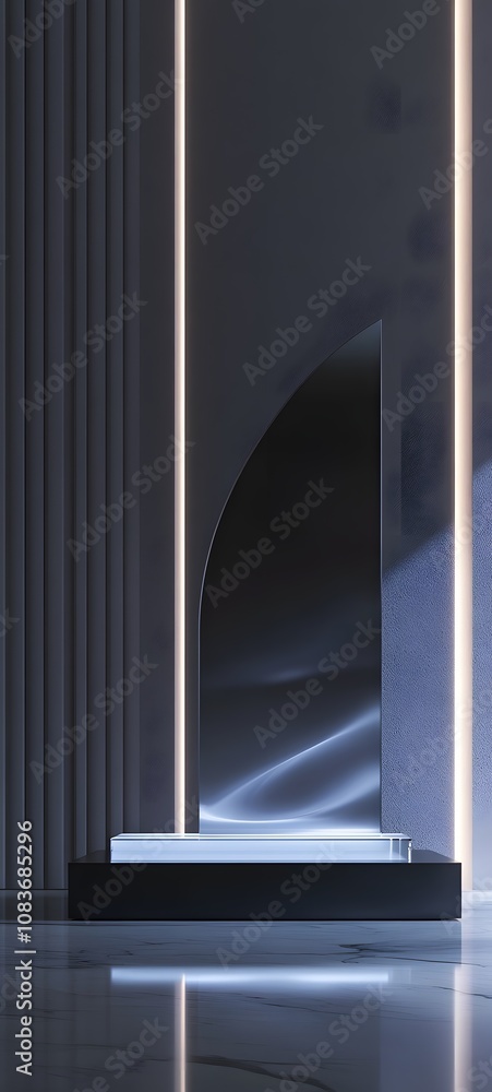 Poster 98. a sleek podium with a reflective acrylic surface, illuminated softly from beneath, creating spac