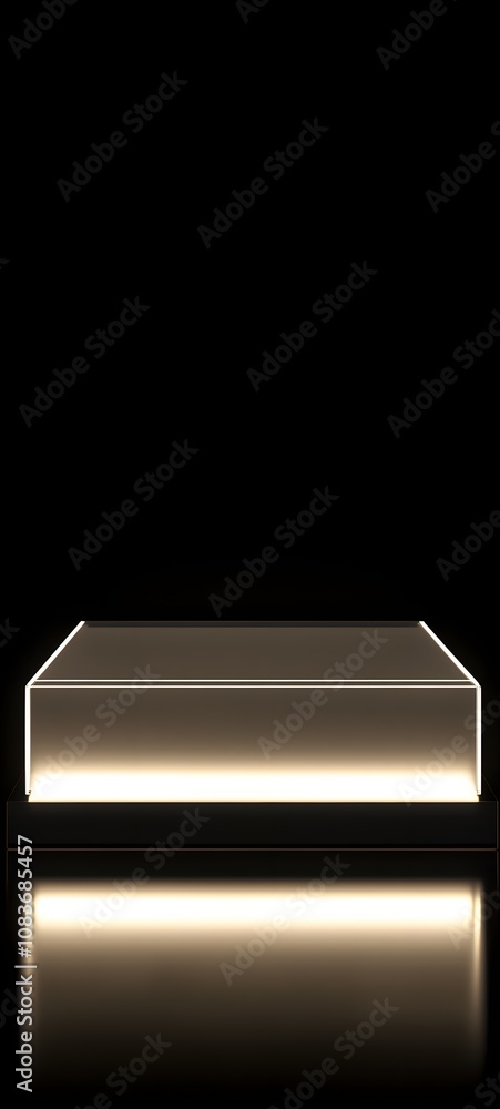 Poster 98. a sleek podium with a reflective acrylic surface, illuminated softly from beneath, creating spac