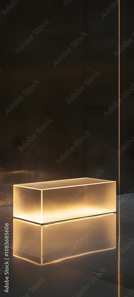 Poster 98. a sleek podium with a reflective acrylic surface, illuminated softly from beneath, creating spac