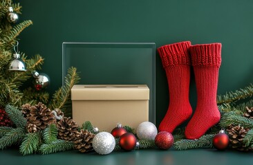 Christmas themed product display with a clear acrylic stand held by hands in red wool gloves amidst festive decorations