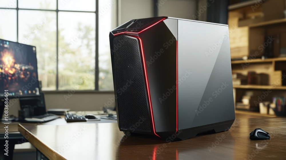 Poster a top-tier gaming computer sits on a desk, its sleek design and powerful components ensuring fast pe