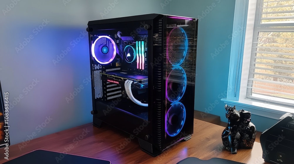 Poster a top-tier gaming computer sits on a desk, its sleek design and powerful components ensuring fast pe