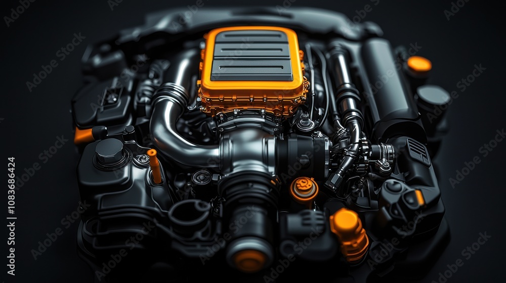 Poster a close-up view of a high-performance engine showcasing intricate components and striking orange acc