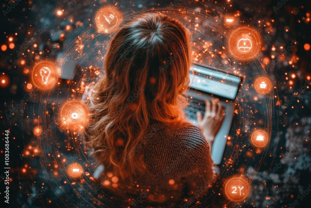 Poster woman using laptop with orange glowing circles and lines in the background