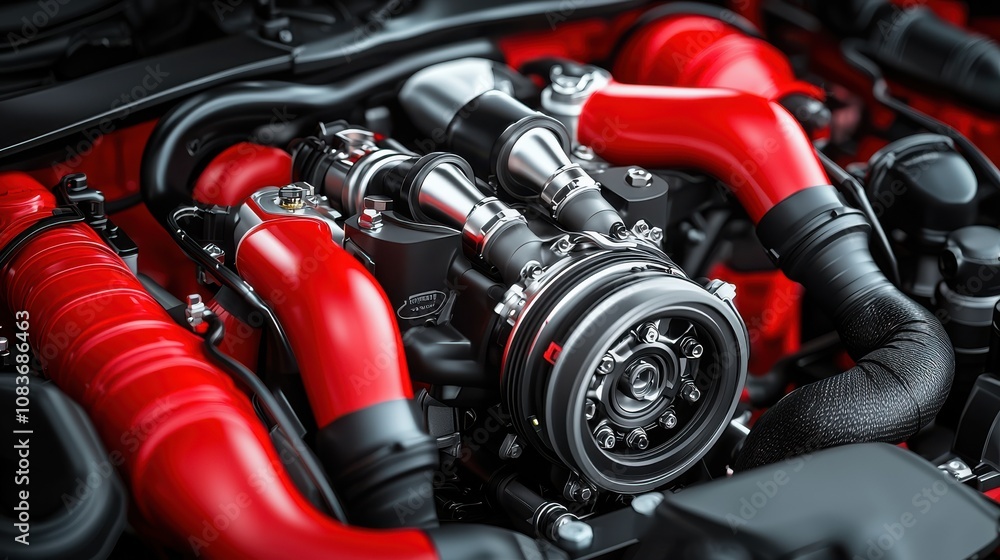 Poster a close-up of a high-performance engine showcasing intricate components, highlighted by vibrant red 