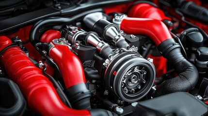 Fototapeta premium A close-up of a high-performance engine showcasing intricate components, highlighted by vibrant red hoses and a polished turbocharger.