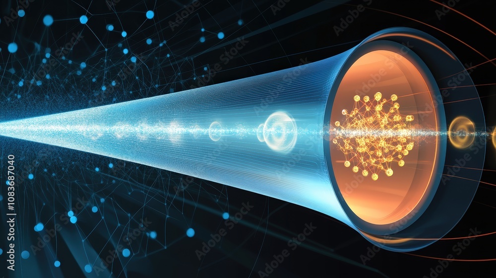 Poster a visual model of quantum teleportation, representing the potential for data transfer in quantum net