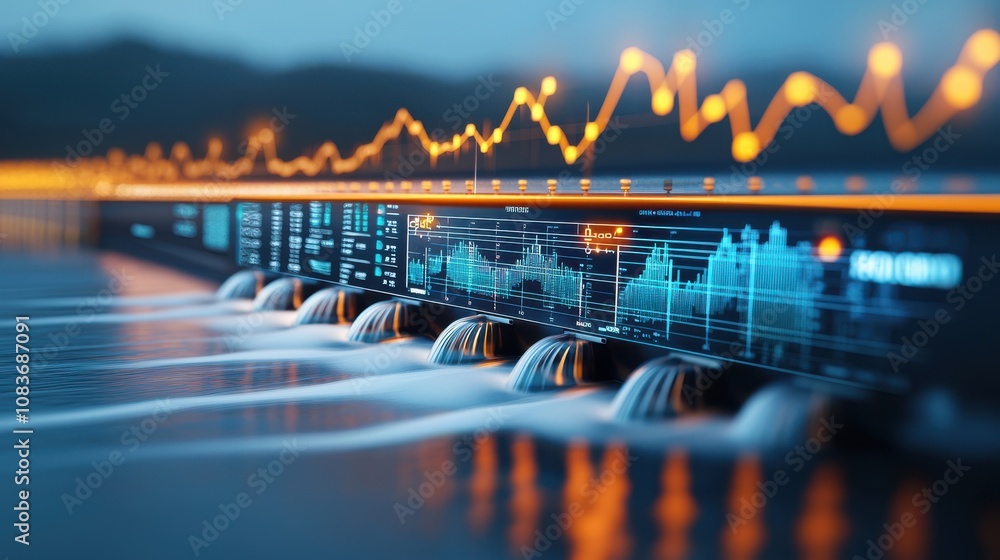 Poster a vibrant visualization of sound waves, featuring dynamic data graphs overlaid on a serene water sur
