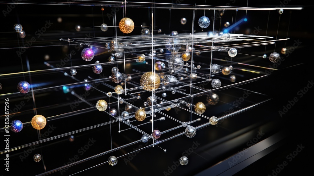 Poster a visualization of qubits in a superposition state, with particles appearing to be in multiple posit