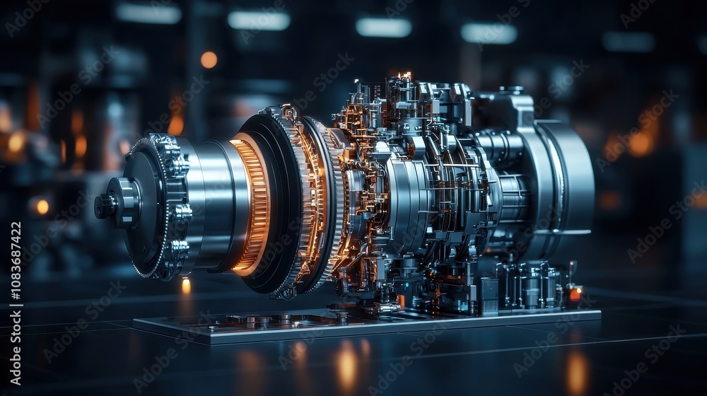 Poster a highly detailed image of a modern jet engine showcasing intricate metal components and glowing ele