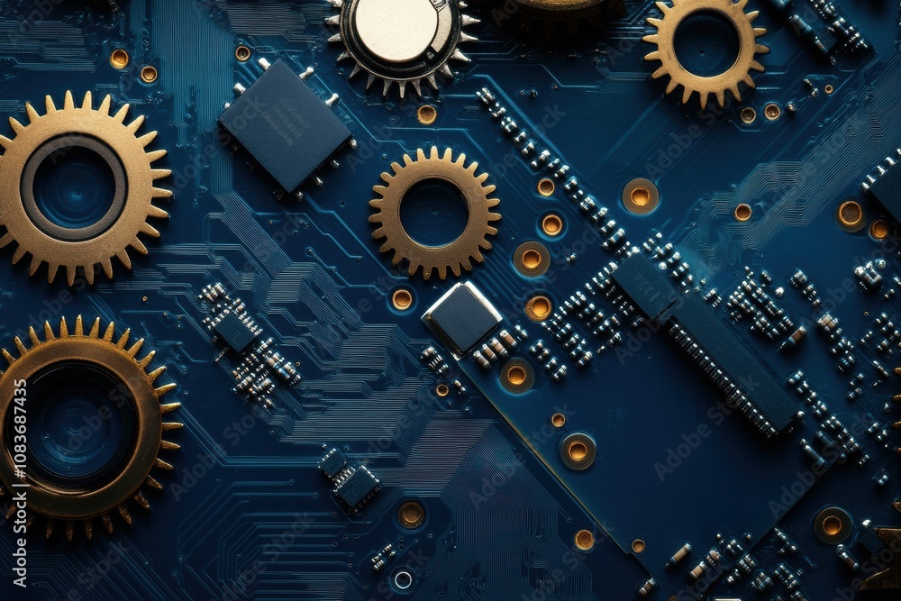 Poster this close-up displays intricate gears and a microprocessor on a blue circuit board, showcasing the 