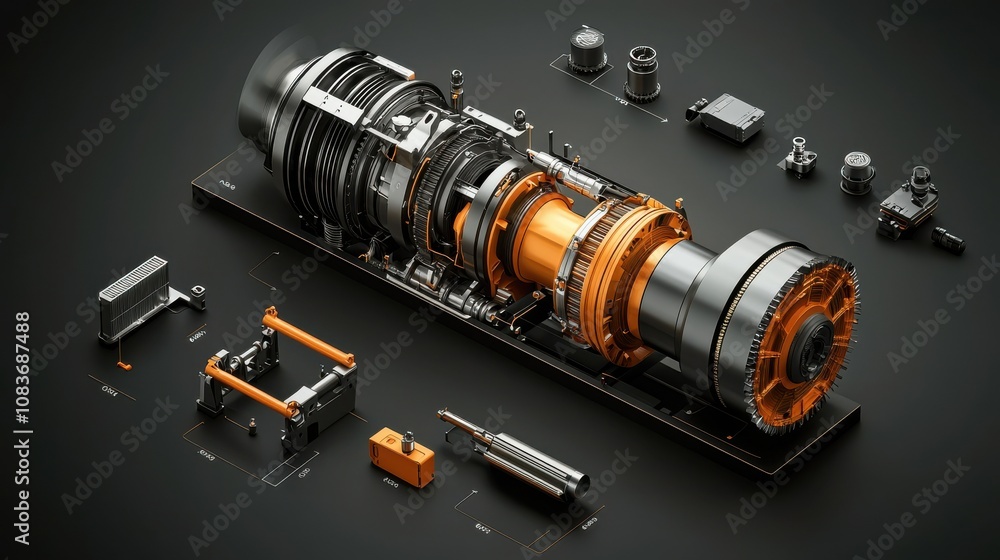 Poster a detailed, 3d-rendered mechanical assembly showcasing intricate components and an orange-highlighte