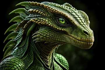 Close-up of a dragon's head, with intricate scales and a fierce expression.