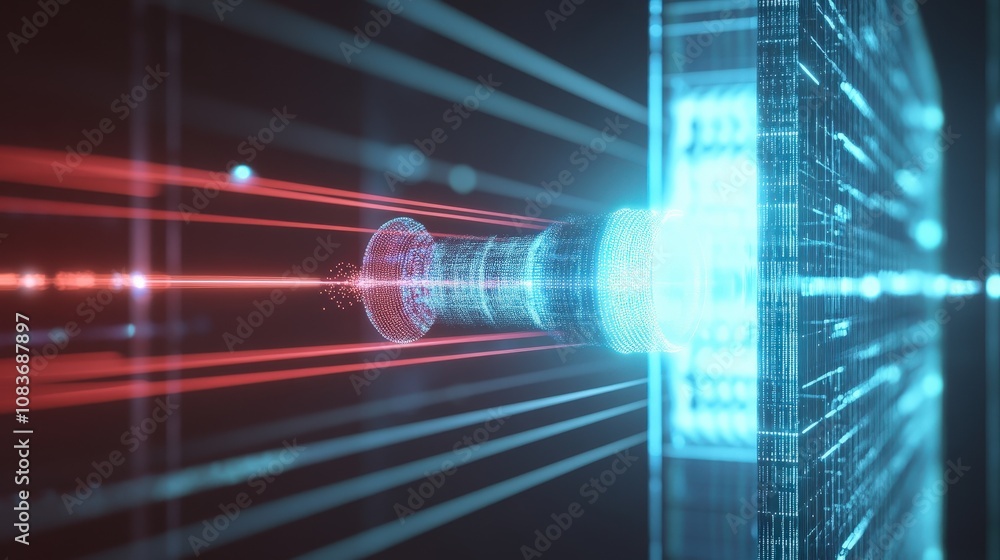 Poster an animation of quantum tunneling on a screen, showing how particles can pass through barriers in qu