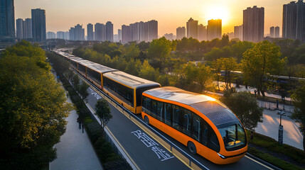 Obraz premium A solar-powered electric bus fleet that provides eco-friendly public transportation, reducing urban pollution and promoting sustainable mobility.