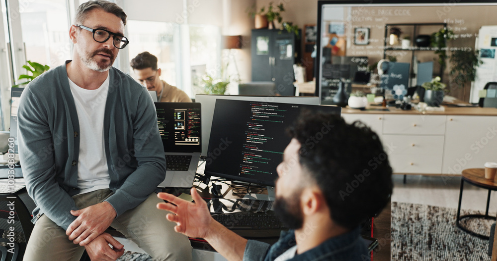 Aufkleber Man, developer and coding training in office for testing web application, troubleshooting and UI design. Programming, team or mentor with advice on developing or planning software solution at startup