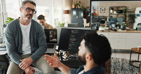 Man, developer and coding training in office for testing web application, troubleshooting and UI...