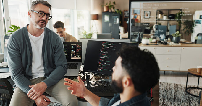 Man, developer and coding training in office for testing web application, troubleshooting and UI design. Programming, team or mentor with advice on developing or planning software solution at startup