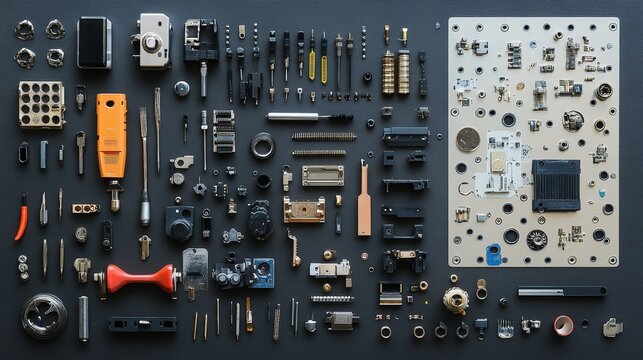 Home electronics repair kit with tools, screws, and small components, focusing on the practicality of repairing electronic devices