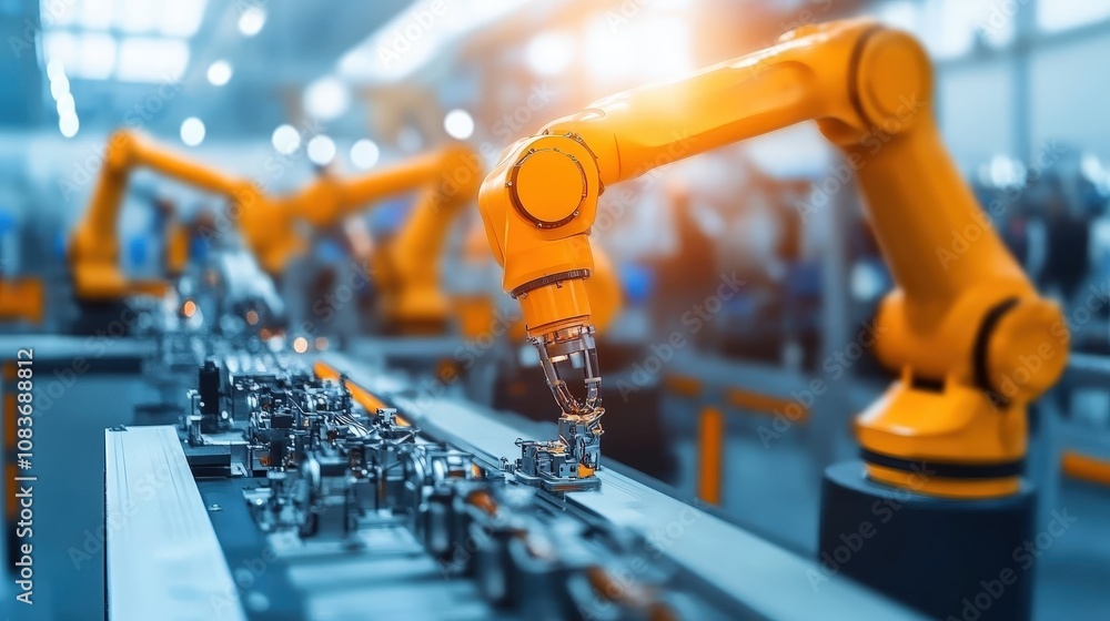 Poster industrial robots working in unison on a factory line, building intricate parts with precision, repr