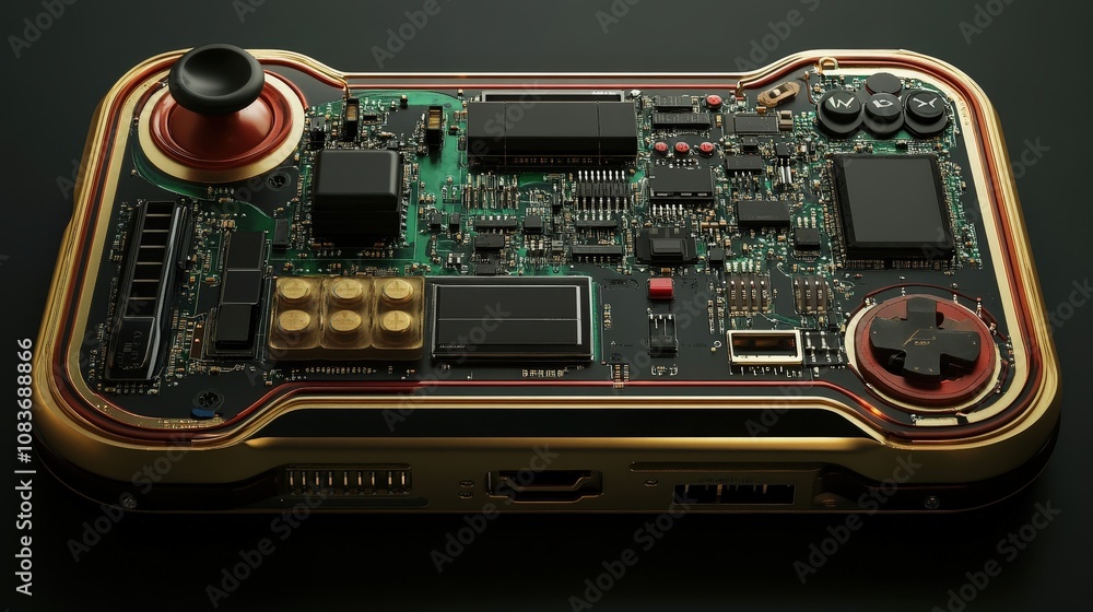 Poster inside view of a gaming console with circuit boards and components, showing the technical intricacie