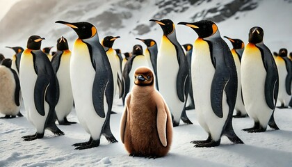 Obraz premium A group of King Penguins with one juvenile in brown feathers