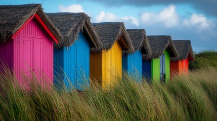 Colorful beach huts lined up against the sky. Each hut features vibrant shades of pink, blue, yellow, and green. A picturesque coastal scene invites tranquility. Generative AI