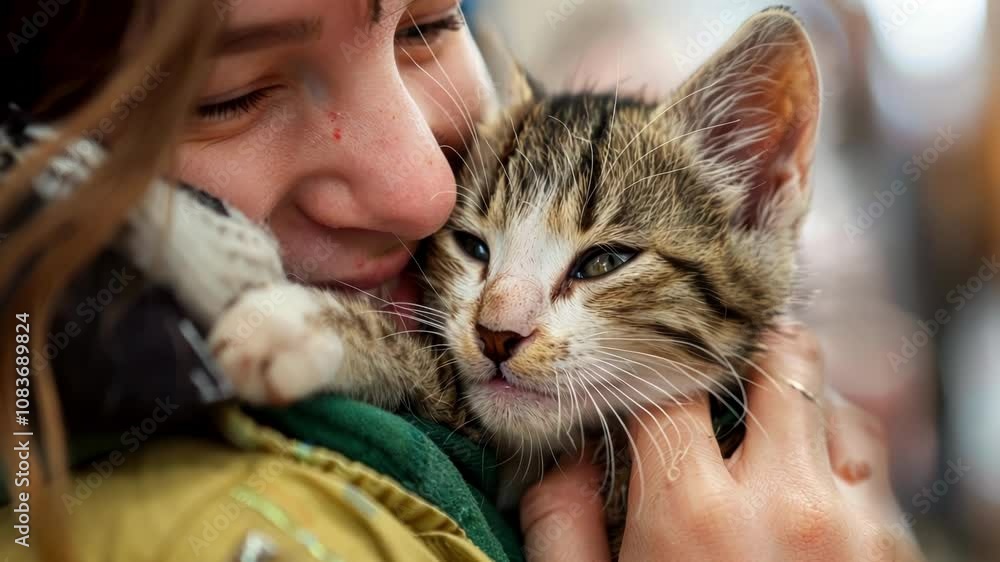 Poster softfocus glimpse of smiling faces and cuddly critters at the crowded adoption event.