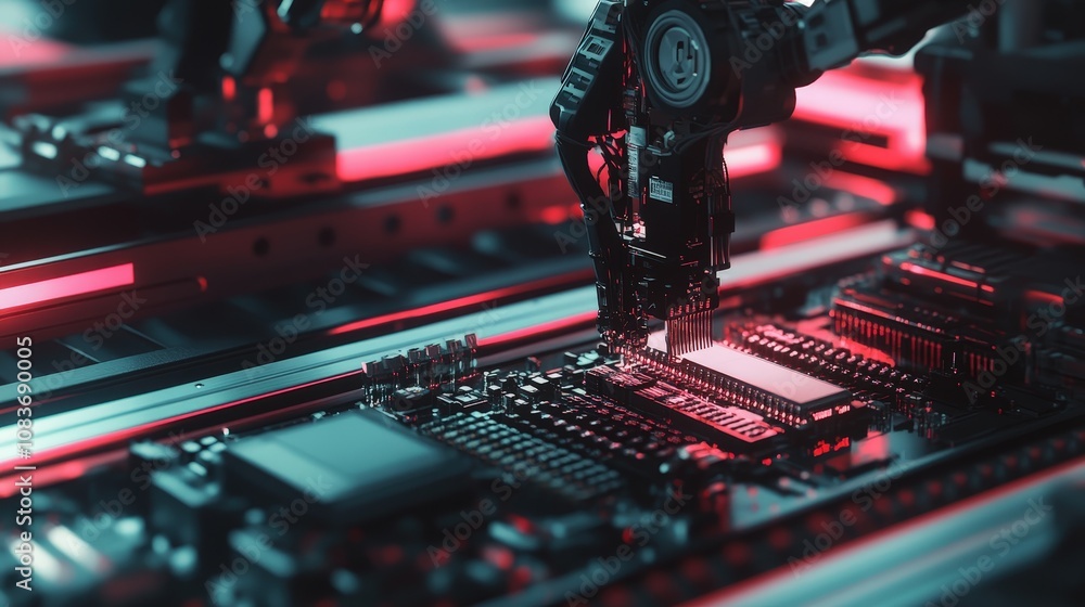 Poster robotic arm assembling electronic components on a conveyor belt, showing the role of automation in t
