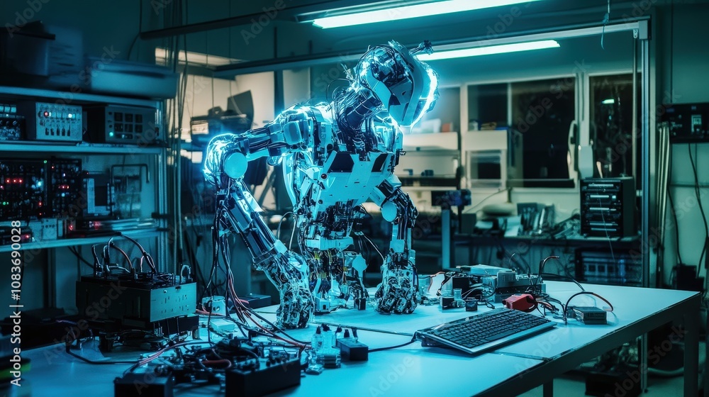 Poster robotics lab with assembled robots, wires, and controllers, highlighting the role of electronics in 