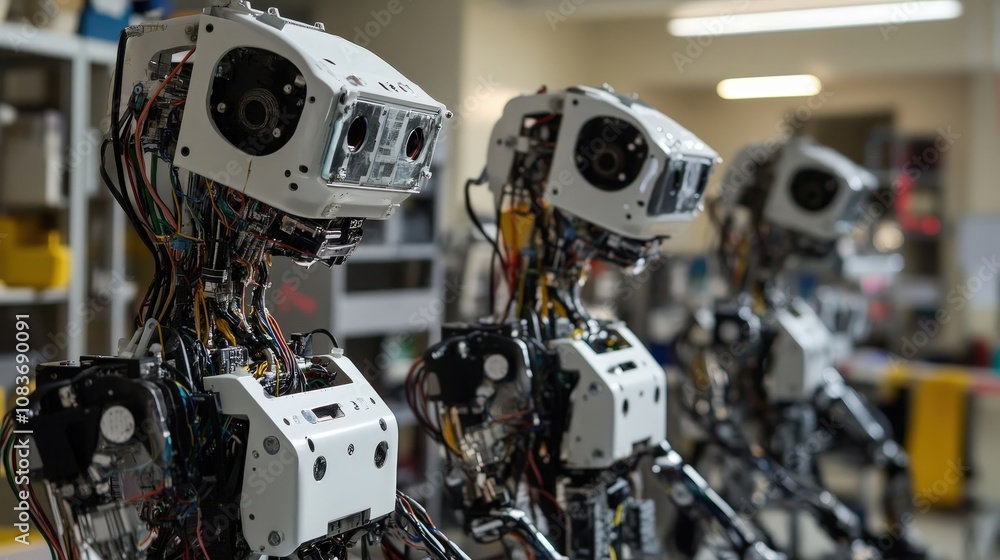 Poster robotics lab with assembled robots, wires, and controllers, highlighting the role of electronics in 