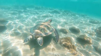 Obraz premium Sea turtle swimming through clear ocean waters, showing the importance of protecting marine wildlife from pollution and human impact