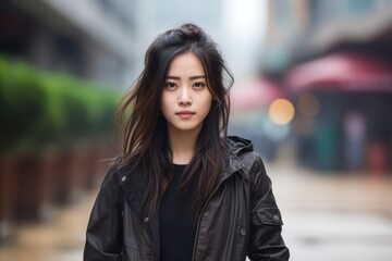 A woman wearing a black jacket and a black shirt is standing on a sidewalk