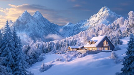 Fototapeta premium A mountain cabin is surrounded by snow and pine trees
