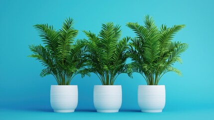 Fototapeta premium Three Lush Green Palm Plants in White Pots on Blue Background