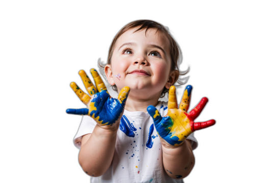 鮮やかな絵の具が付いた手を誇らしげに見せる小さな子供のアーティスティックな一枚。PNG,生成AI