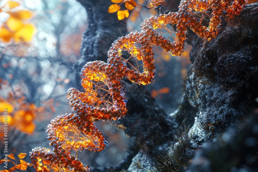 Poster a dna helix intertwined with a tree trunk, glowing amber, autumn leaves in background
